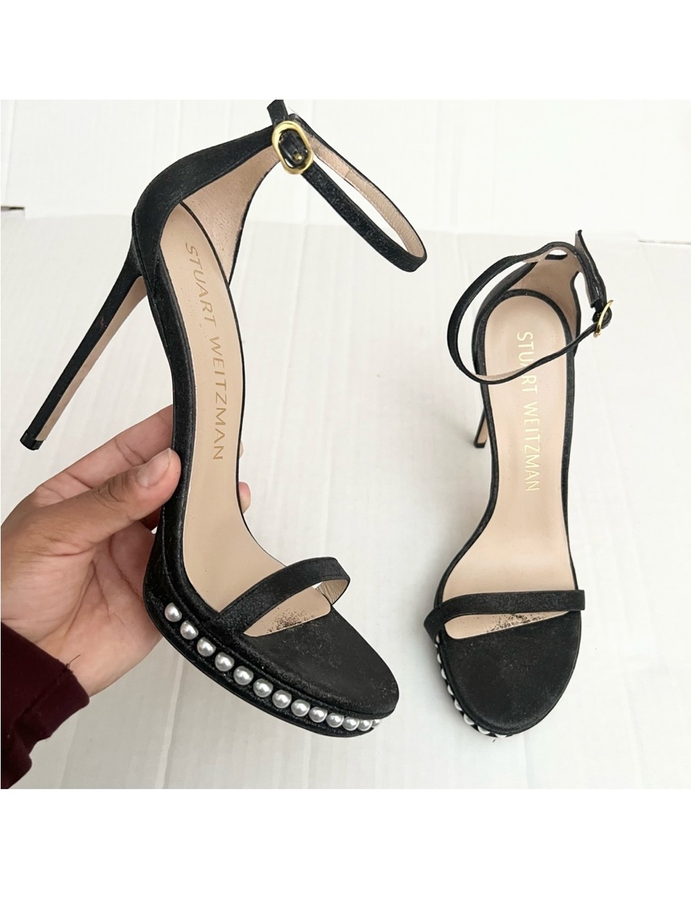 Stuart Weitzman | Nudistdisco Pearl-Trim Ankle-Strap Stiletto Sandals